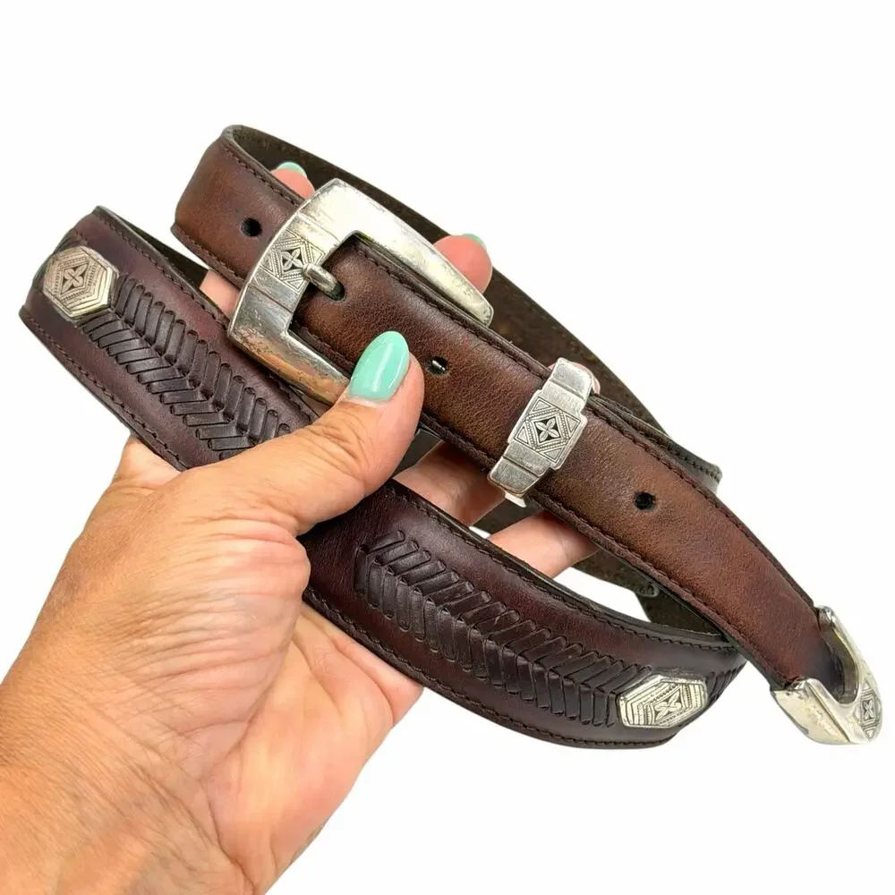 VTG Onyx by Brighton Brown Leather Dress Belt Silver Hardware Men Size 36 Y2K